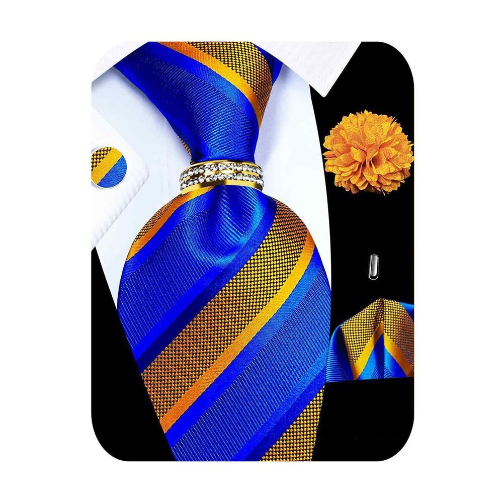 3857 5PCS Gold Blue Striped Tie Pocket Square , Silk Necktie